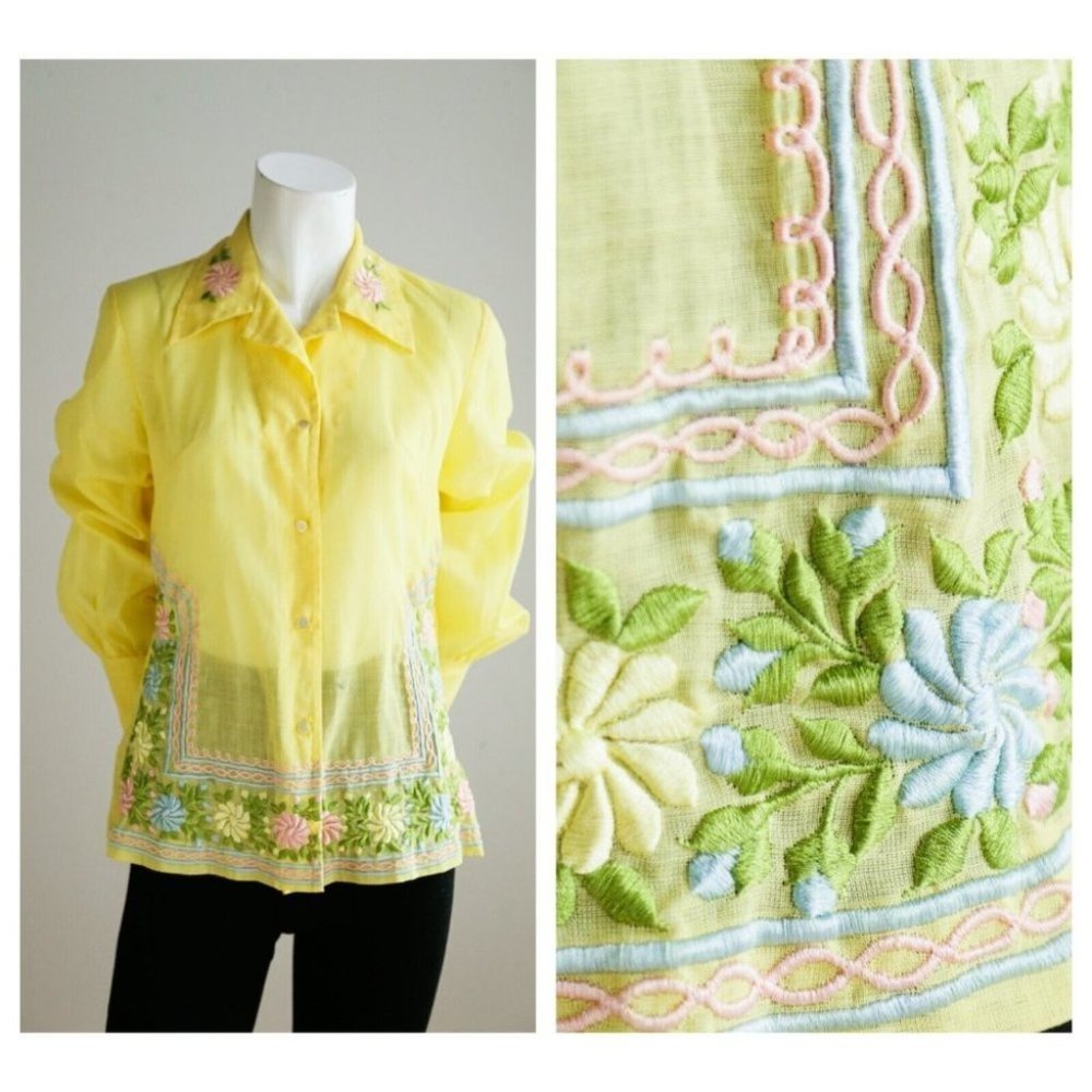 Vintage 70s Yellow Floral Embroidered Long Sleeve button down  Blouse Top S